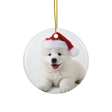 DistinctInk Hanging Ceramic Christmas Tree Ornament with Gold String - Great Gift/Present - 2 3/4 inch Diameter - Samoyed Puppy Design