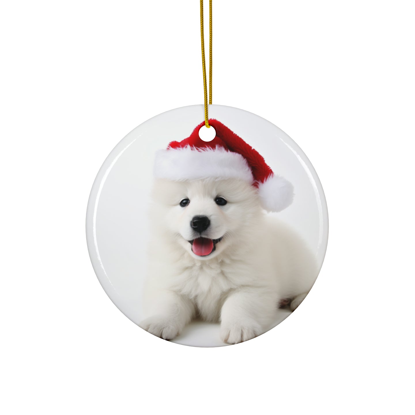 DistinctInk Hanging Ceramic Christmas Tree Ornament with Gold String - Great Gift/Present - 2 3/4 inch Diameter - Samoyed Puppy Design