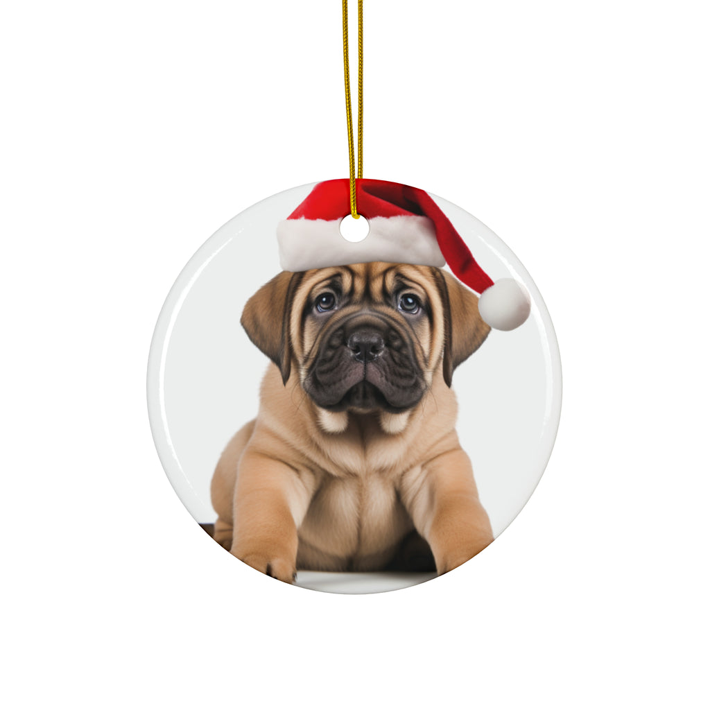 Hanging Ceramic Christmas Tree Ornament with Gold String - Mastiff Puppy Design