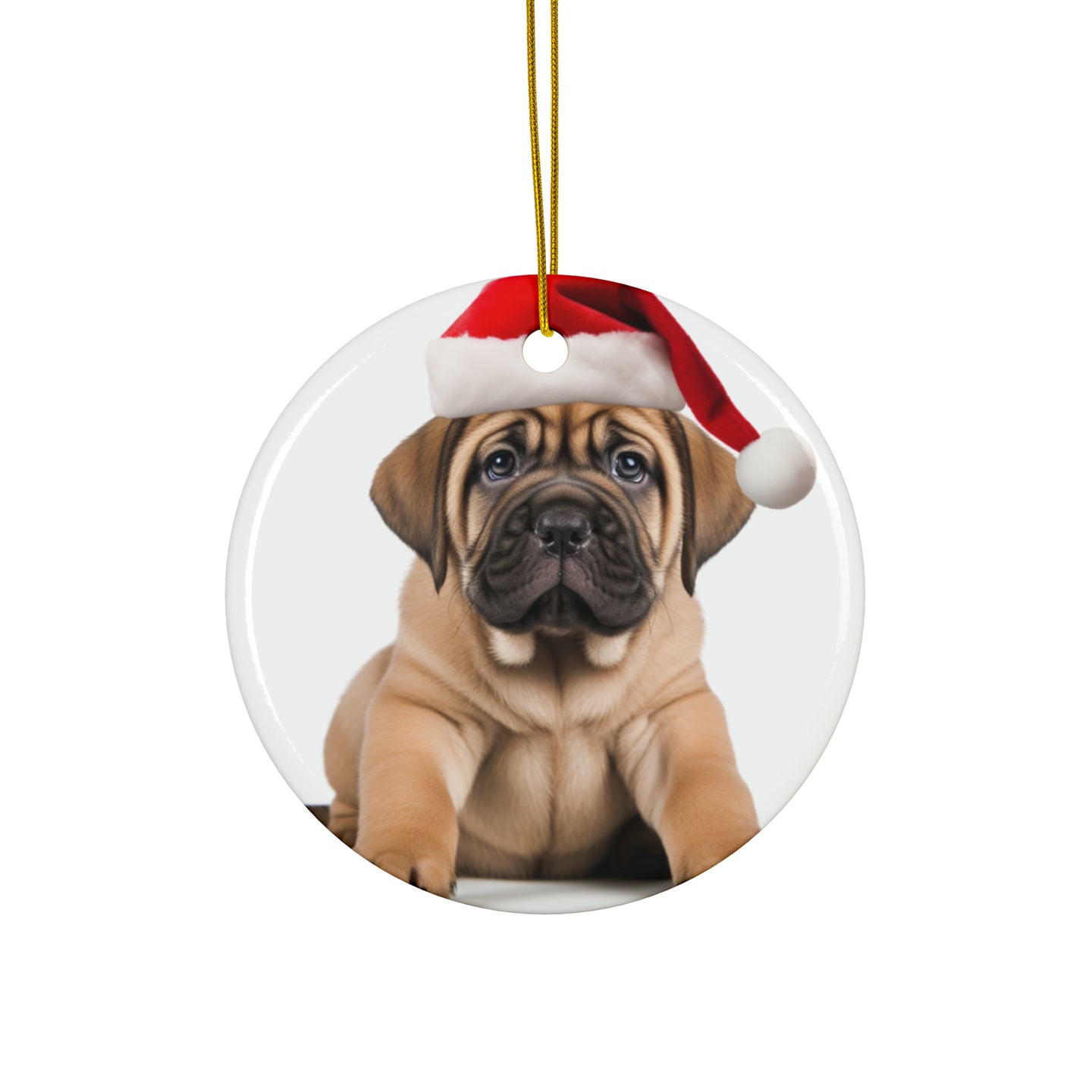 DistinctInk Hanging Ceramic Christmas Tree Ornament with Gold String - Great Gift/Present - 2 3/4 inch Diameter - Mastiff Puppy Design
