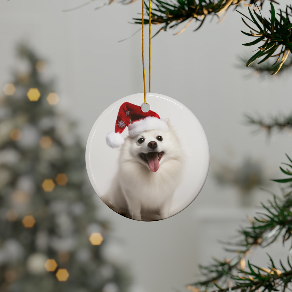 Hanging Ceramic Christmas Tree Ornament with Gold String - American Eskimo Dog Design, view 3