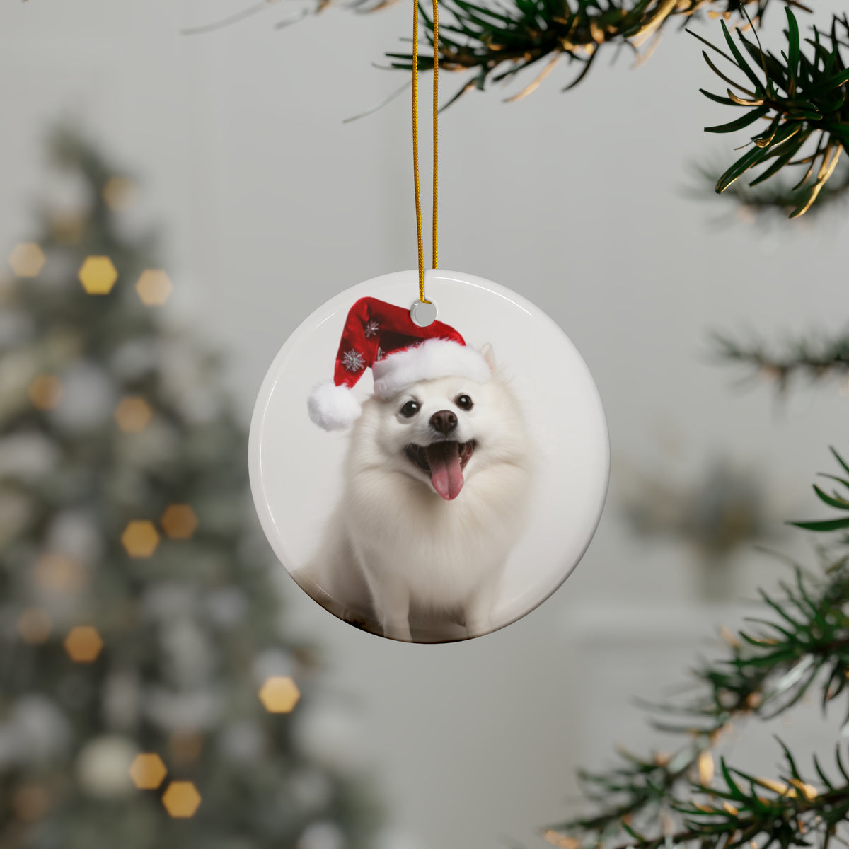 Hanging Ceramic Christmas Tree Ornament with Gold String - American Eskimo Dog Design, view 3