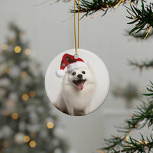 DistinctInk Hanging Ceramic Christmas Tree Ornament with Gold String - Great Gift/Present - 2 3/4 inch Diameter - American Eskimo Dog Design