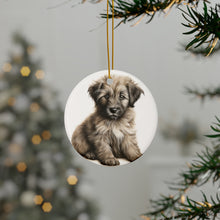 DistinctInk Hanging Ceramic Christmas Tree Ornament with Gold String - Great Gift/Present - 2 3/4 inch Diameter - Pyrenean Shepherd Puppy Drawing Design