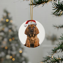 DistinctInk Hanging Ceramic Christmas Tree Ornament with Gold String - Great Gift/Present - 2 3/4 inch Diameter - Bloodhound Puppy Design