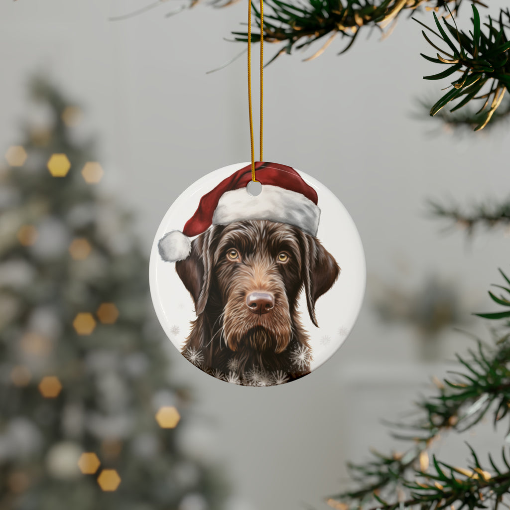Hanging Ceramic Christmas Tree Ornament with Gold String - German Wirehaired Pointer Puppy Drawing Design, view 3