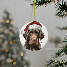 DistinctInk Hanging Ceramic Christmas Tree Ornament with Gold String - Great Gift/Present - 2 3/4 inch Diameter - German Wirehaired Pointer Puppy Drawing Design