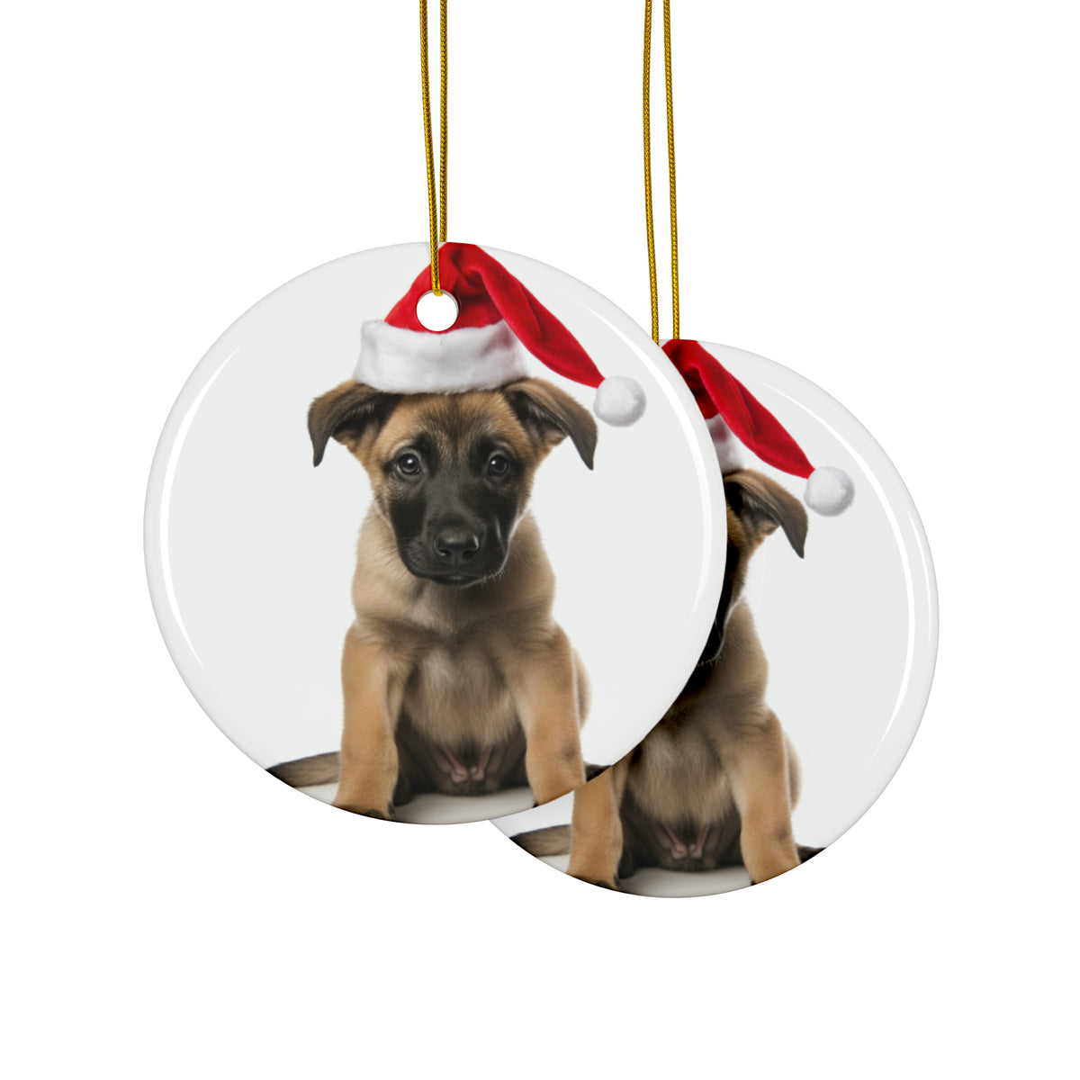 Hanging Ceramic Christmas Tree Ornament with Gold String - Belgian Malinoi Puppy Design, view 2