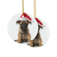 DistinctInk Hanging Ceramic Christmas Tree Ornament with Gold String - Great Gift/Present - 2 3/4 inch Diameter - Belgian Malinoi Puppy Design