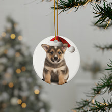 DistinctInk Hanging Ceramic Christmas Tree Ornament with Gold String - Great Gift/Present - 2 3/4 inch Diameter - Swedish Vallhund Puppy Design