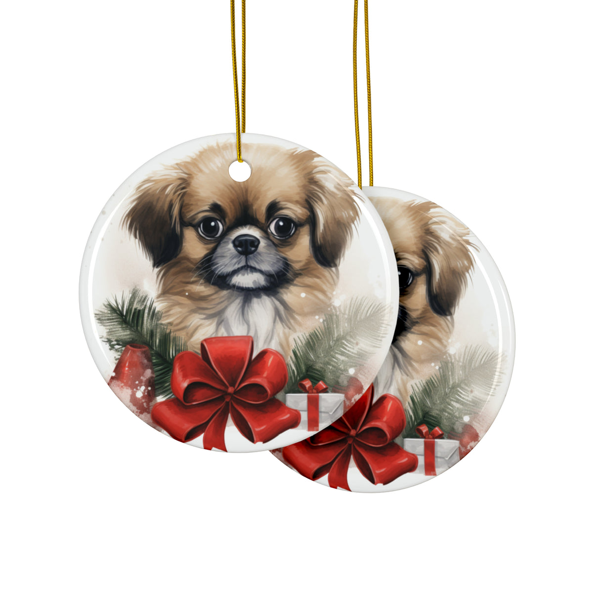 Hanging Ceramic Christmas Tree Ornament with Gold String - Tibetan Spaniel Puppy Drawing Design, view 2