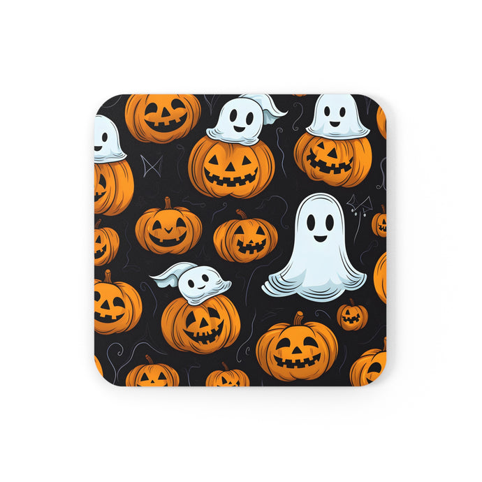 DistinctInk (Set of 4) Corkwood Coasters with Ghost Skeleton Cartoon PumpkinDesign for Halloween