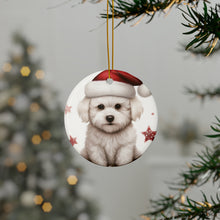 DistinctInk Hanging Ceramic Christmas Tree Ornament with Gold String - Great Gift/Present - 2 3/4 inch Diameter - Bichon Frise Puppy Drawing Design