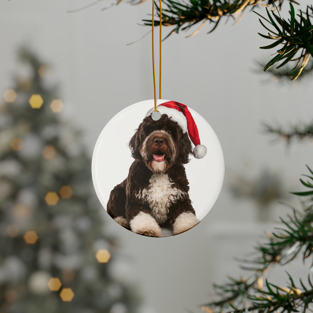 Hanging Ceramic Christmas Tree Ornament with Gold String - Spanish Water Dog Design, view 3