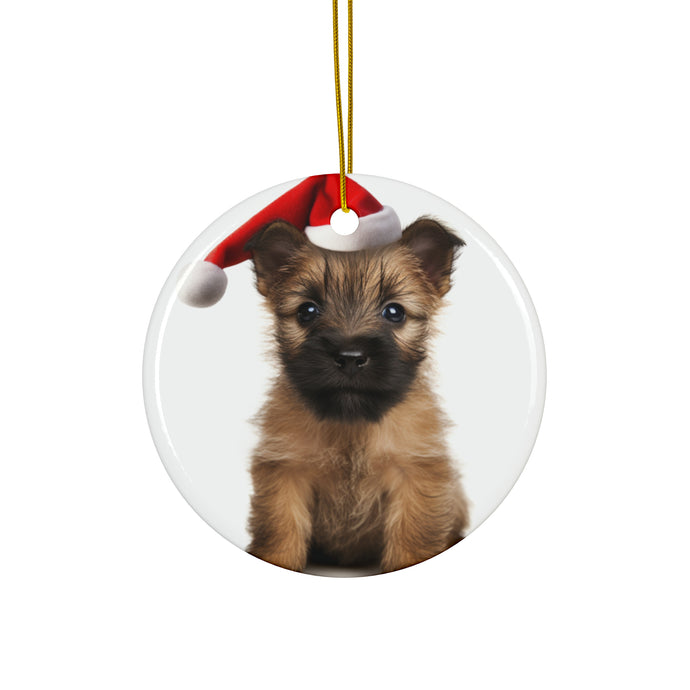 DistinctInk Hanging Ceramic Christmas Tree Ornament with Gold String - Great Gift/Present - 2 3/4 inch Diameter - Cairn Terrier Puppy Design