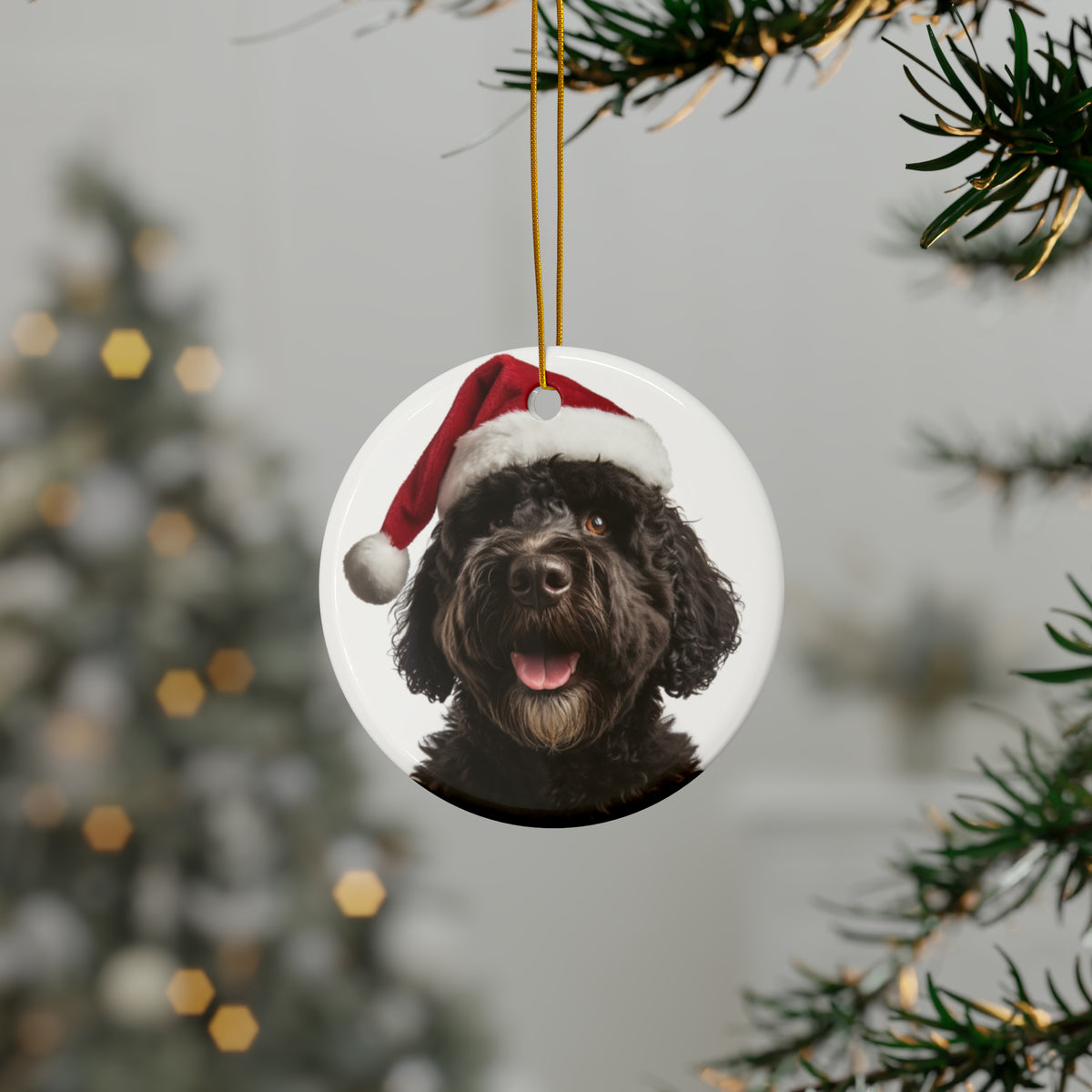 Hanging Ceramic Christmas Tree Ornament with Gold String - Portuguese Water Dog Design, view 3