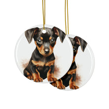 DistinctInk Hanging Ceramic Christmas Tree Ornament with Gold String - Great Gift/Present - 2 3/4 inch Diameter - German Pinscher Puppy Drawing Design