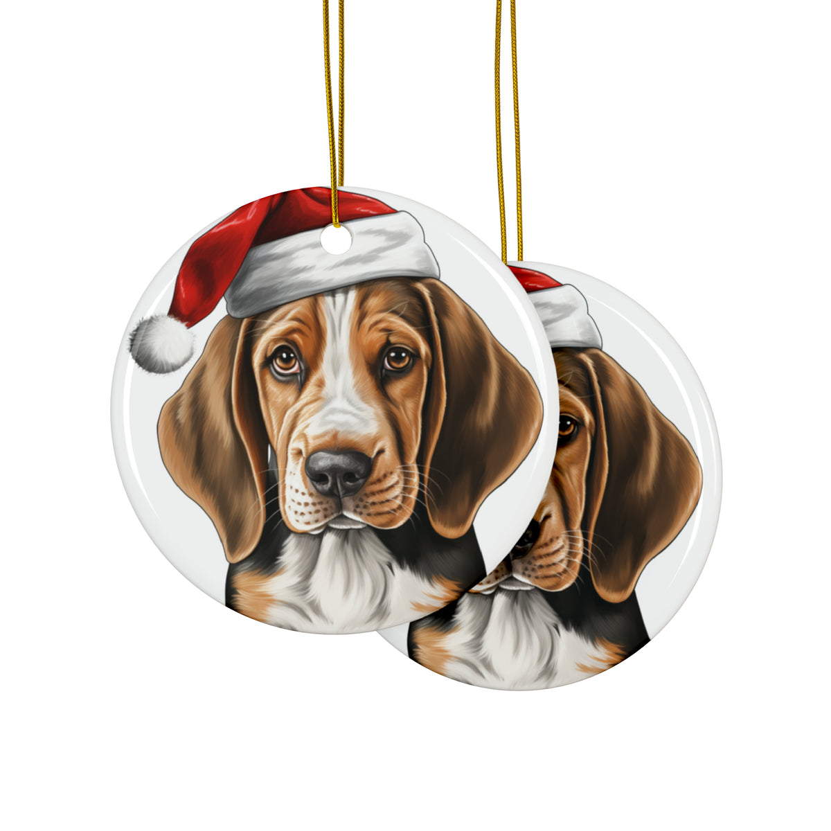 Hanging Ceramic Christmas Tree Ornament with Gold String - American English Coonhound Puppy Drawing Design, view 2