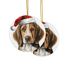 DistinctInk Hanging Ceramic Christmas Tree Ornament with Gold String - Great Gift/Present - 2 3/4 inch Diameter - American English Coonhound Puppy Drawing Design