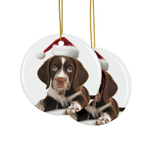 DistinctInk Hanging Ceramic Christmas Tree Ornament with Gold String - Great Gift/Present - 2 3/4 inch Diameter - Pointer Puppy Design
