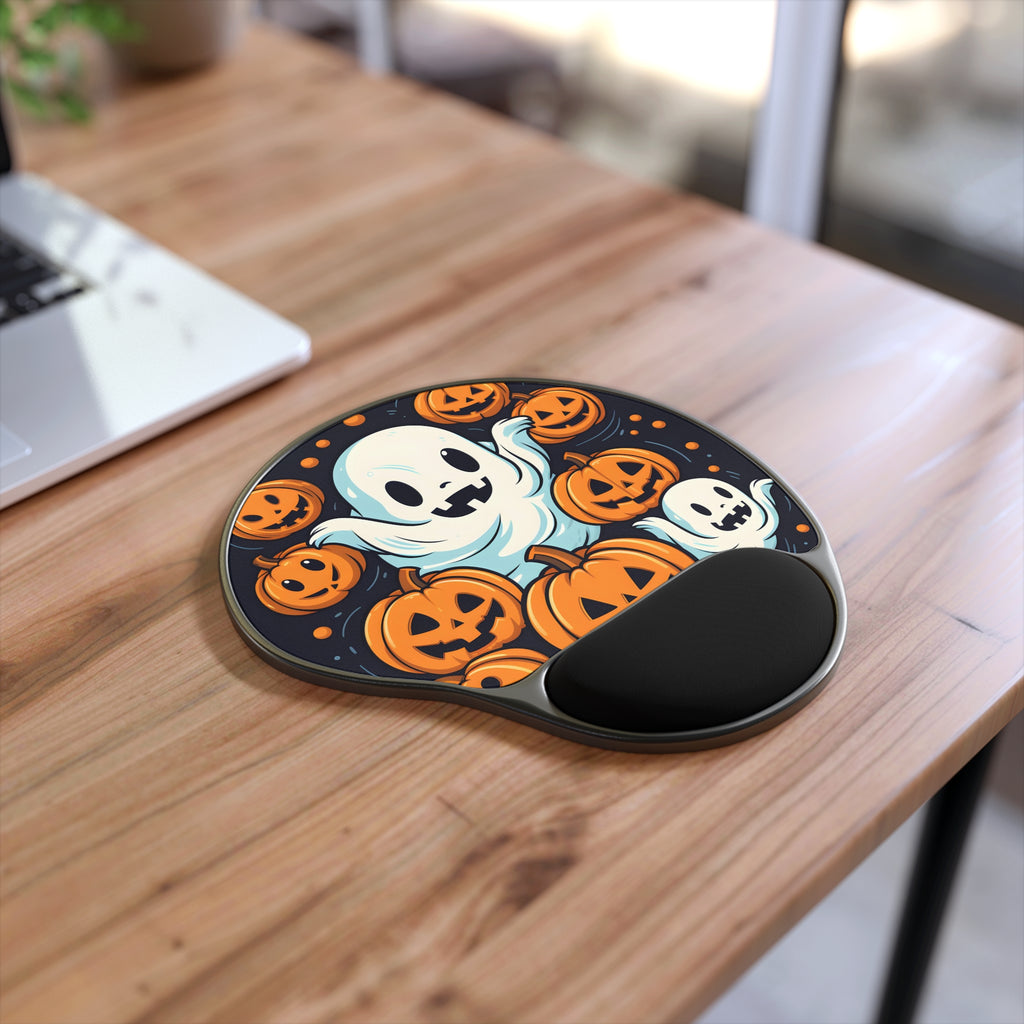 Mouse Pad with Wrist Rest with The Ghostly Skeleton Pumpkin Design for Halloween, view 2