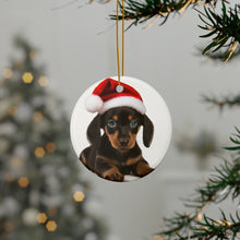 DistinctInk Hanging Ceramic Christmas Tree Ornament with Gold String - Great Gift/Present - 2 3/4 inch Diameter - Dachshund Puppy Design