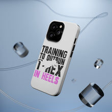 DistinctInk ToughCase for Apple iPhone, Compatible with MagSafe Charging - Training to Outrun T-Rex in Heels