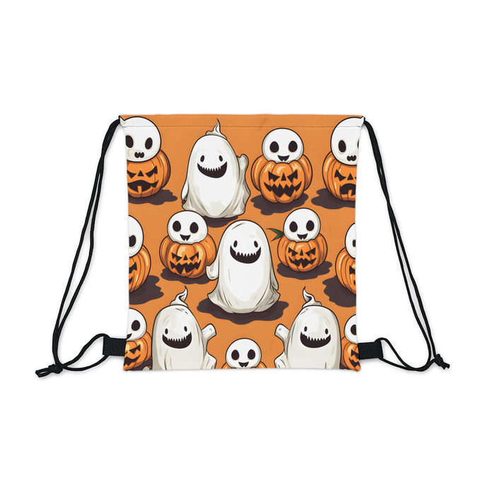 DistinctInk Drawstring Bag / Backpack with Skeletal Ghost in a Pumpkin Design for Halloween