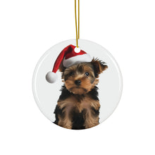 DistinctInk Hanging Ceramic Christmas Tree Ornament with Gold String - Great Gift/Present - 2 3/4 inch Diameter - Silky Terrier Puppy Design