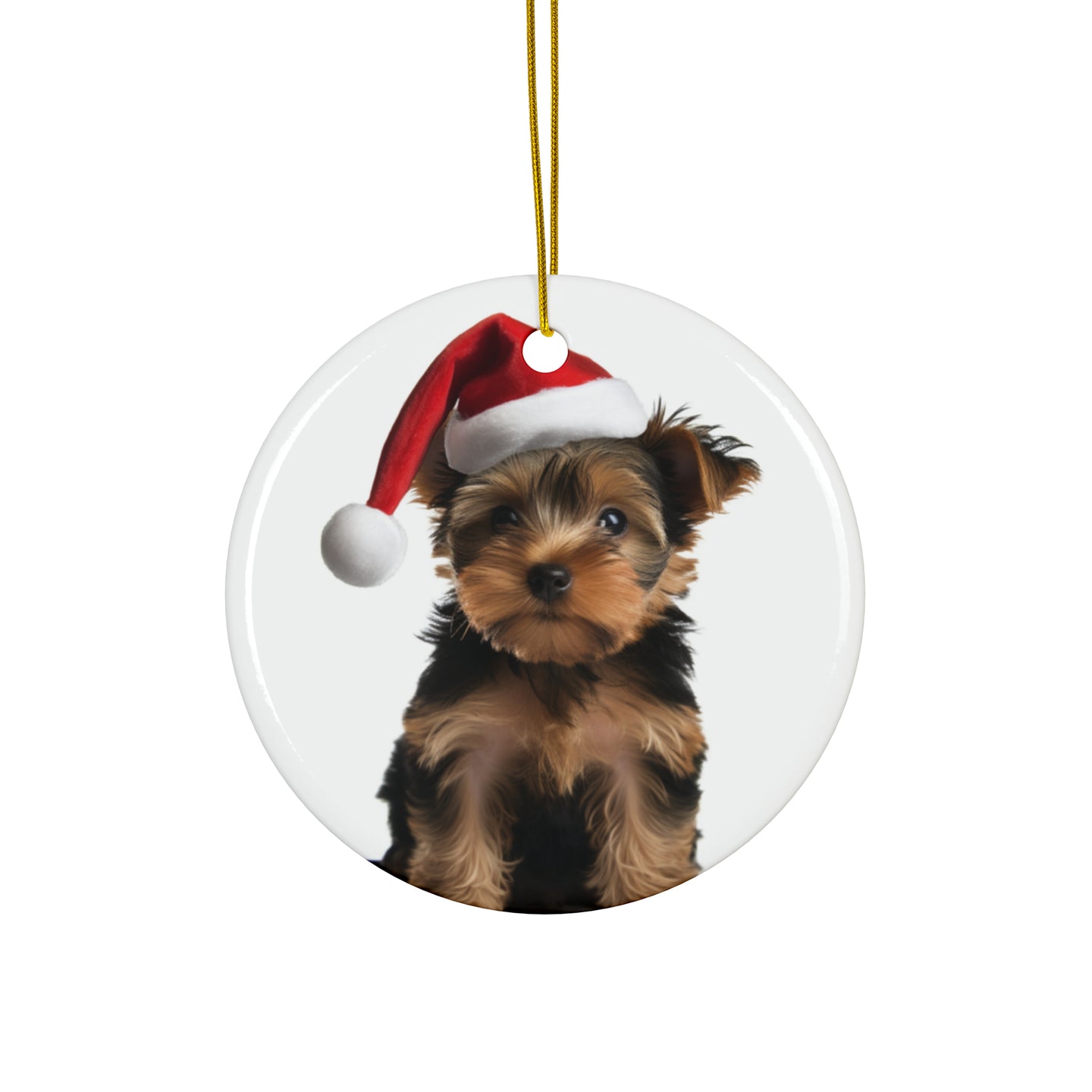 DistinctInk Hanging Ceramic Christmas Tree Ornament with Gold String - Great Gift/Present - 2 3/4 inch Diameter - Silky Terrier Puppy Design