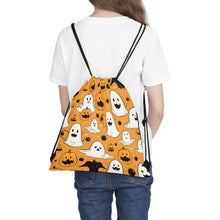 DistinctInk Drawstring Bag Backpack with Ghoulish Bats and Pumpkins Design for Halloween