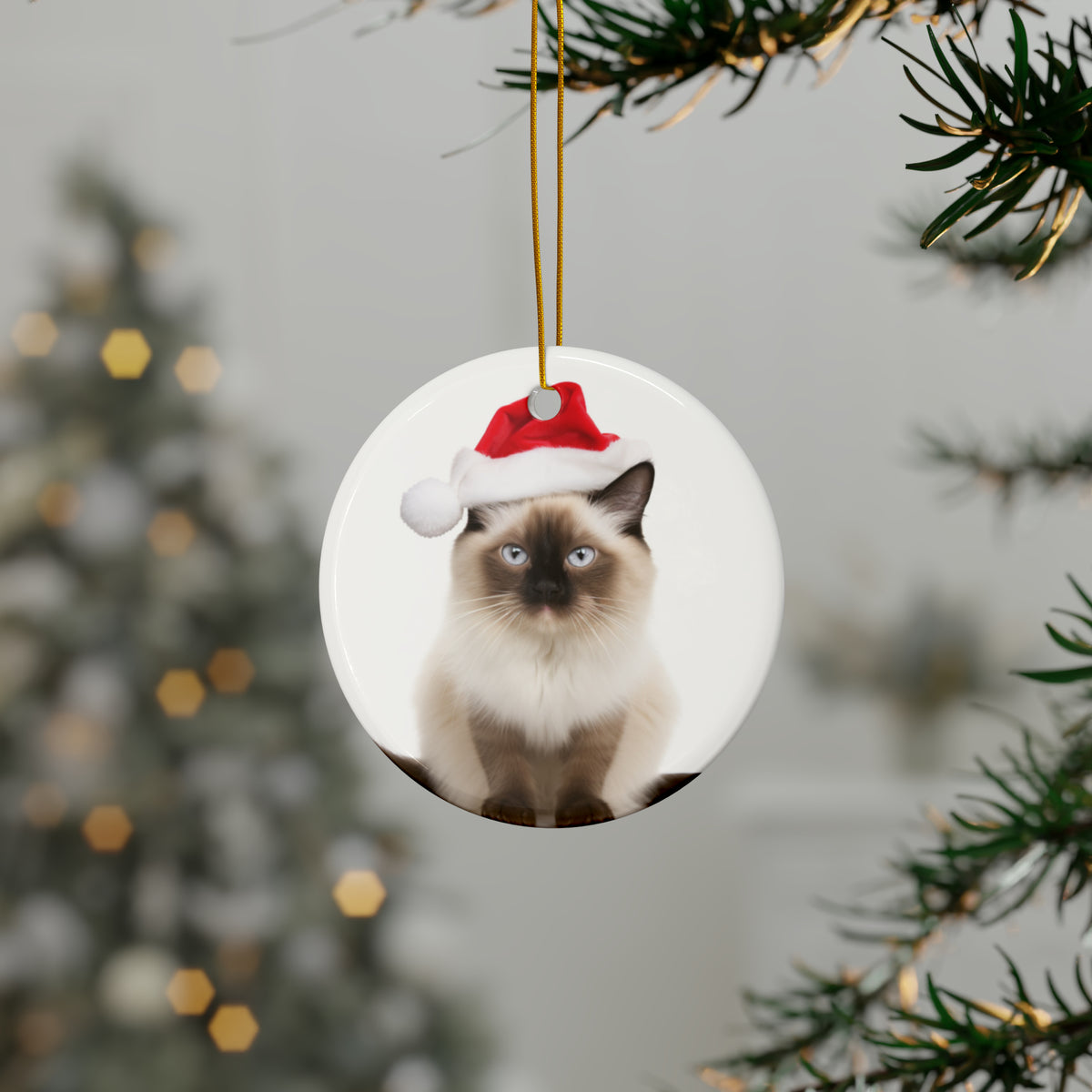 Hanging Ceramic Christmas Tree Ornament with Gold String - Balinese Cat Design, view 3