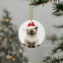 DistinctInk Hanging Ceramic Christmas Tree Ornament with Gold String - Great Gift/Present - 2 3/4 inch Diameter - Balinese Cat Design