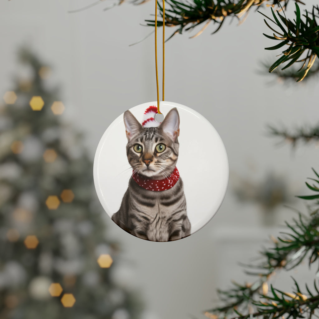 Hanging Ceramic Christmas Tree Ornament with Gold String - Egyptian Mau Cat Design, view 3