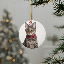 DistinctInk Hanging Ceramic Christmas Tree Ornament with Gold String - Great Gift/Present - 2 3/4 inch Diameter - Egyptian Mau Cat Design