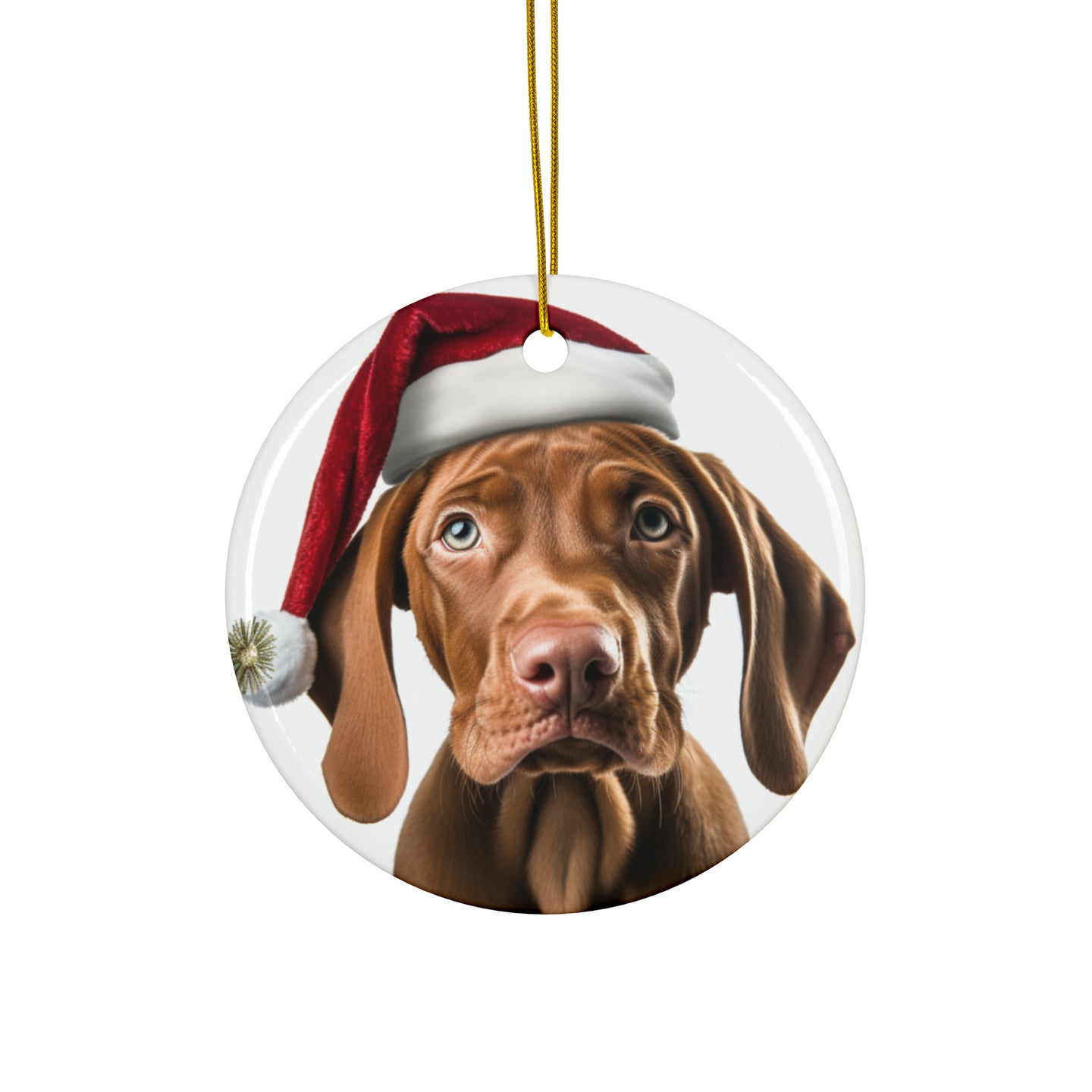 DistinctInk Hanging Ceramic Christmas Tree Ornament with Gold String - Great Gift/Present - 2 3/4 inch Diameter - Vizsla Puppy Design