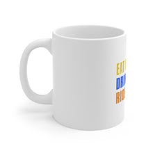 DistinctInk Glossy White Coffee / Tea Mug - Eat Beer Drink Bikes Ride Tacos