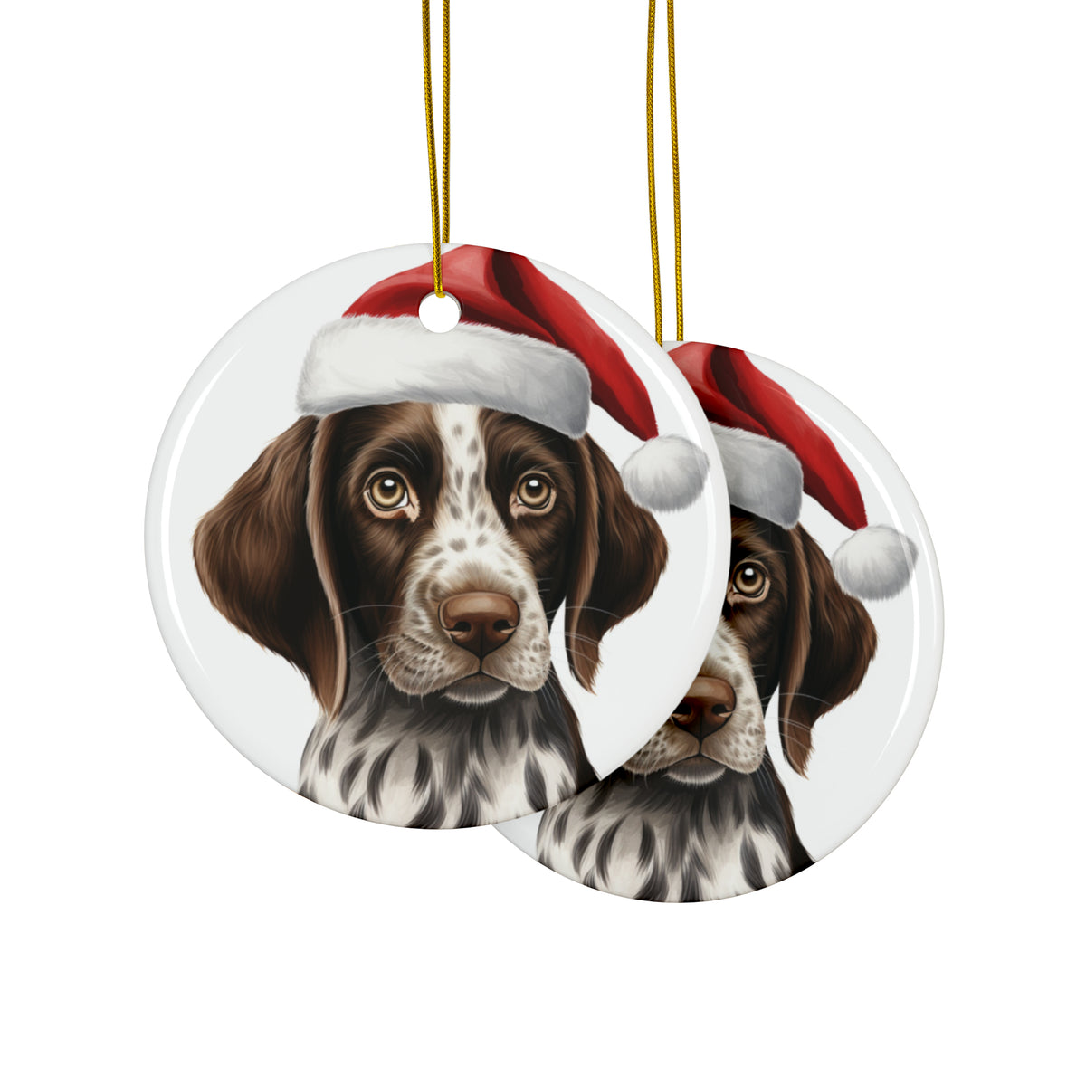 Hanging Ceramic Christmas Tree Ornament with Gold String - Pointer Puppy Drawing Design, view 2
