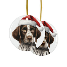 DistinctInk Hanging Ceramic Christmas Tree Ornament with Gold String - Great Gift/Present - 2 3/4 inch Diameter - Pointer Puppy Drawing Design