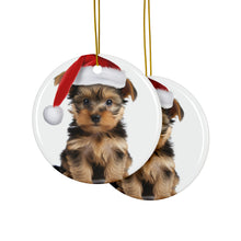 DistinctInk Hanging Ceramic Christmas Tree Ornament with Gold String - Great Gift/Present - 2 3/4 inch Diameter - Silky Terrier Puppy Design