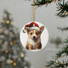 DistinctInk Hanging Ceramic Christmas Tree Ornament with Gold String - Great Gift/Present - 2 3/4 inch Diameter - Norwegian Lundehund Puppy Drawing Design