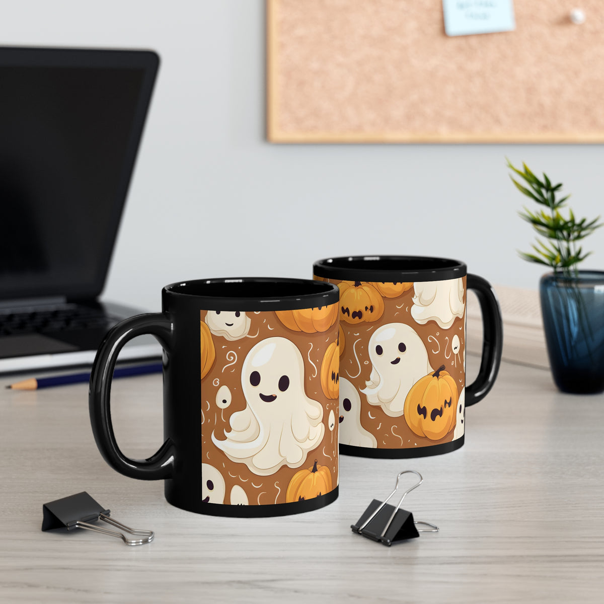 Black Coffee Mug - Ghastly Skeleton Pumpkin Cartoon for Halloween, view 5
