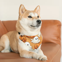 DistinctInk Adjustable Pet Banana Collar with Ghostly Skeleton Pumpkin Patch Design for Halloween