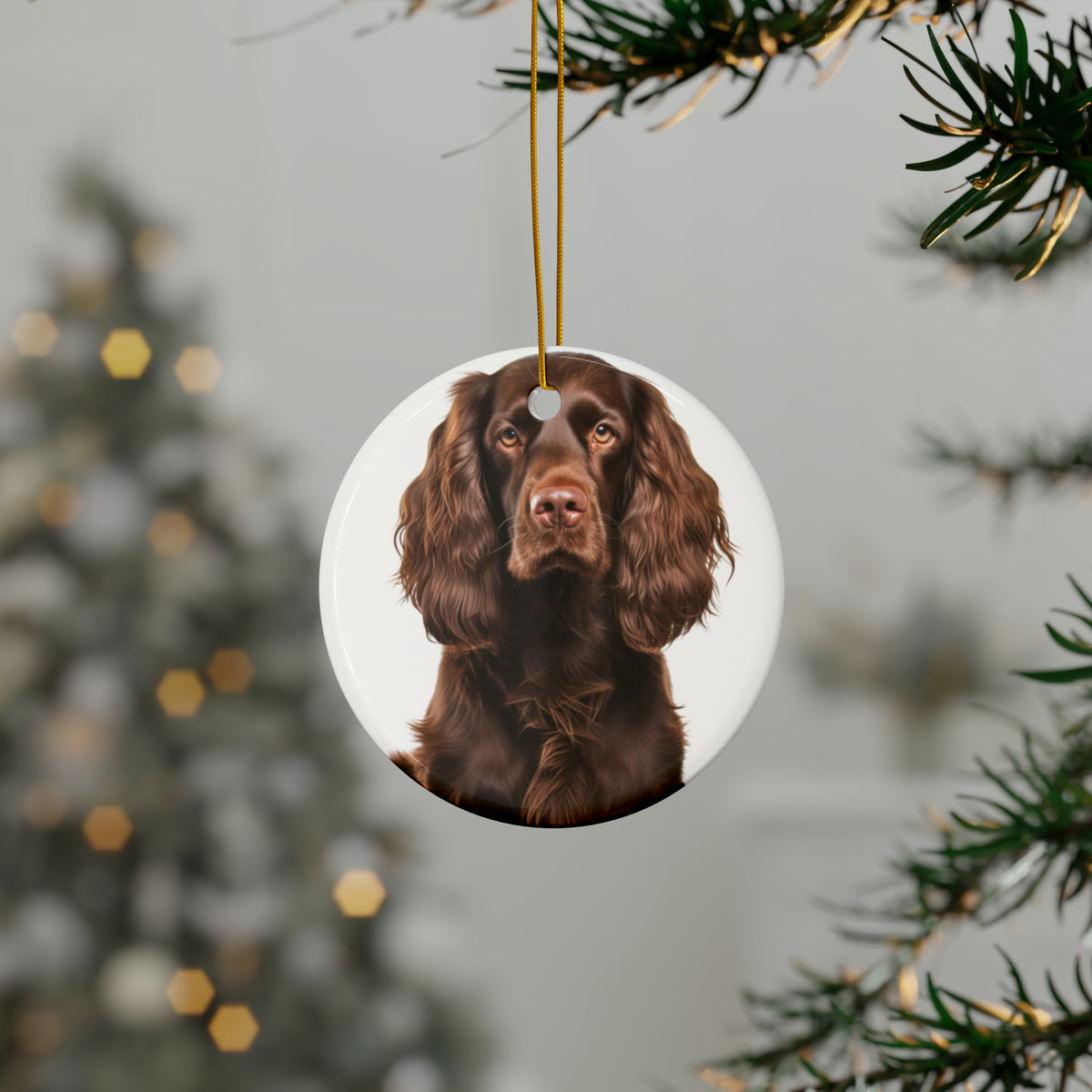 Hanging Ceramic Christmas Tree Ornament with Gold String - Boykin Spaniel Design, view 3