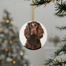 DistinctInk Hanging Ceramic Christmas Tree Ornament with Gold String - Great Gift/Present - 2 3/4 inch Diameter - Boykin Spaniel Design