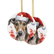 DistinctInk Hanging Ceramic Christmas Tree Ornament with Gold String - Great Gift/Present - 2 3/4 inch Diameter - Greyhound Puppy Drawing Design