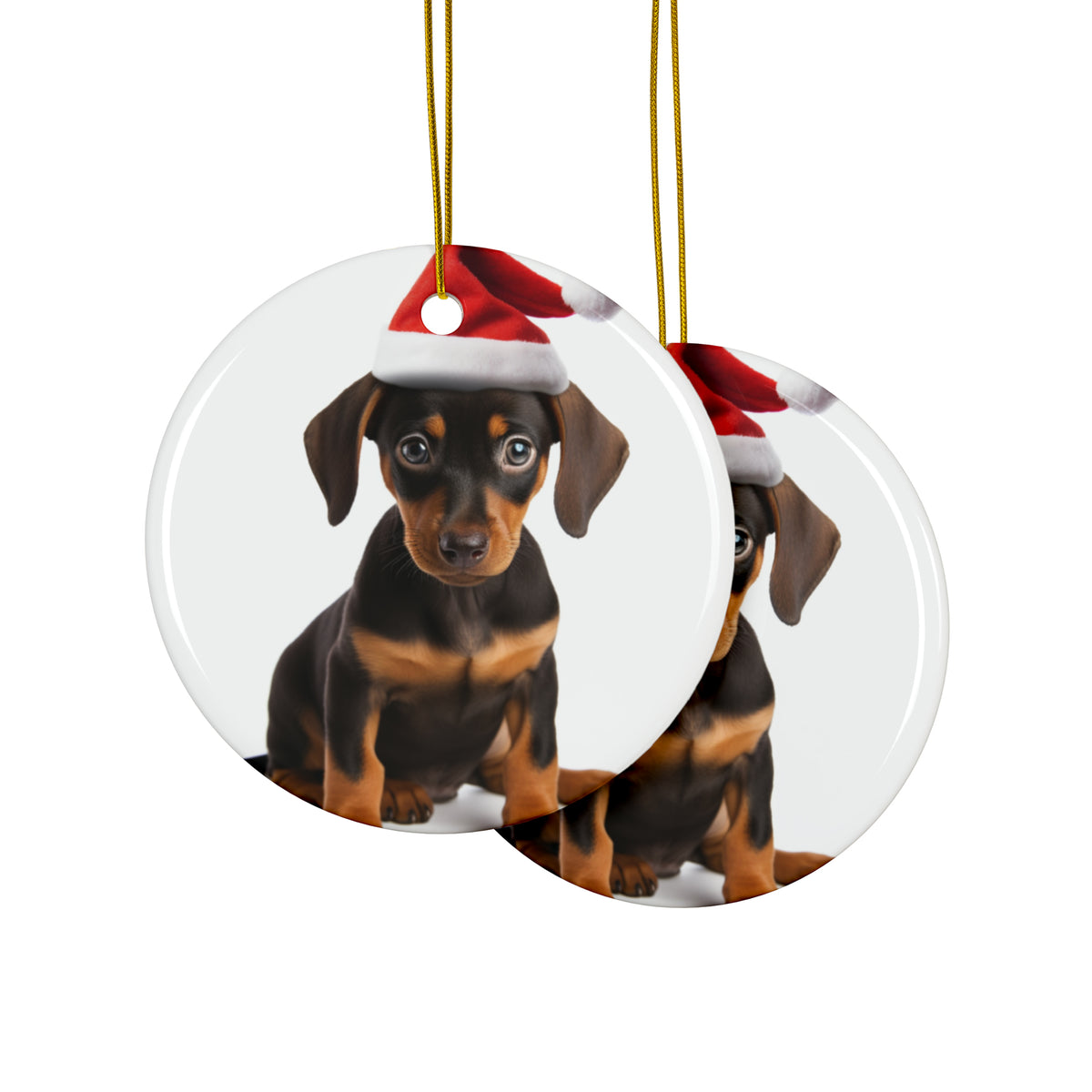 Hanging Ceramic Christmas Tree Ornament with Gold String - German Pinscher Puppy Design, view 2