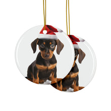 DistinctInk Hanging Ceramic Christmas Tree Ornament with Gold String - Great Gift/Present - 2 3/4 inch Diameter - German Pinscher Puppy Design