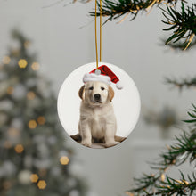 DistinctInk Hanging Ceramic Christmas Tree Ornament with Gold String - Great Gift/Present - 2 3/4 inch Diameter - Great Pyrenee Puppy Design