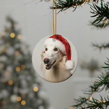 DistinctInk Hanging Ceramic Christmas Tree Ornament with Gold String - Great Gift/Present - 2 3/4 inch Diameter - Borzoi Puppy Design